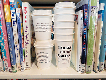 Coffee cups on a shelf at Parkes Shire Library