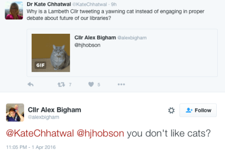 Lambeth councillor Alex Bigham responds to library lovers' concerns on Twitter