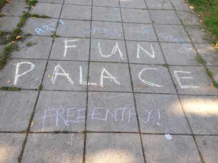 Chalked Fun Palace sign from Brockwell, London