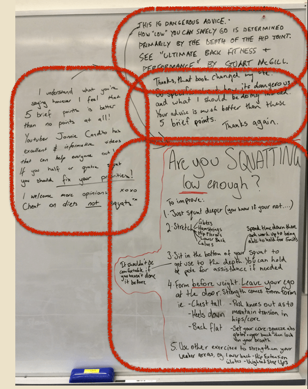 Annotated whiteboard at a Brisbane gym
