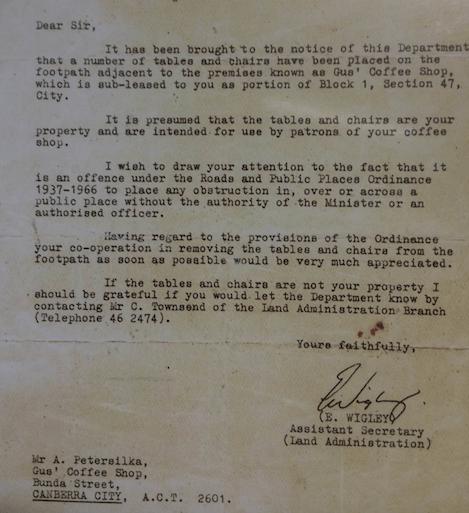 Letter to Gus Petersilka from Canberra government