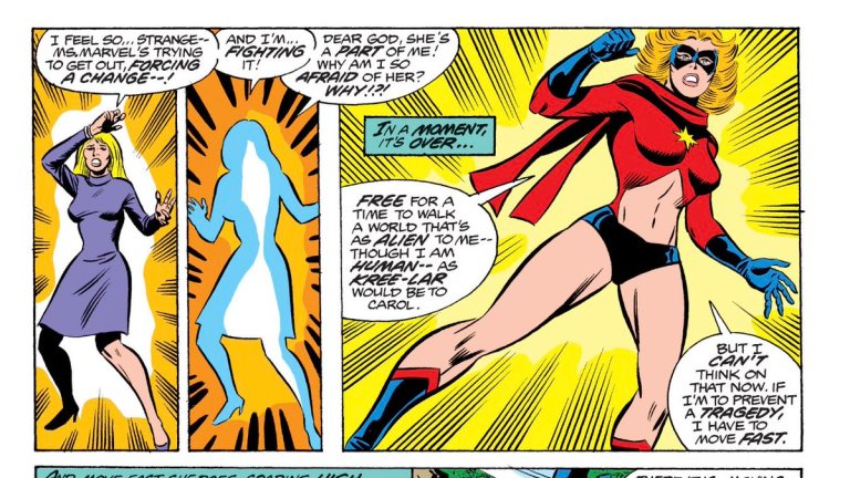 Panels from Ms. Marvel issue 5: Carol reluctantly transforms into Ms. Marvel