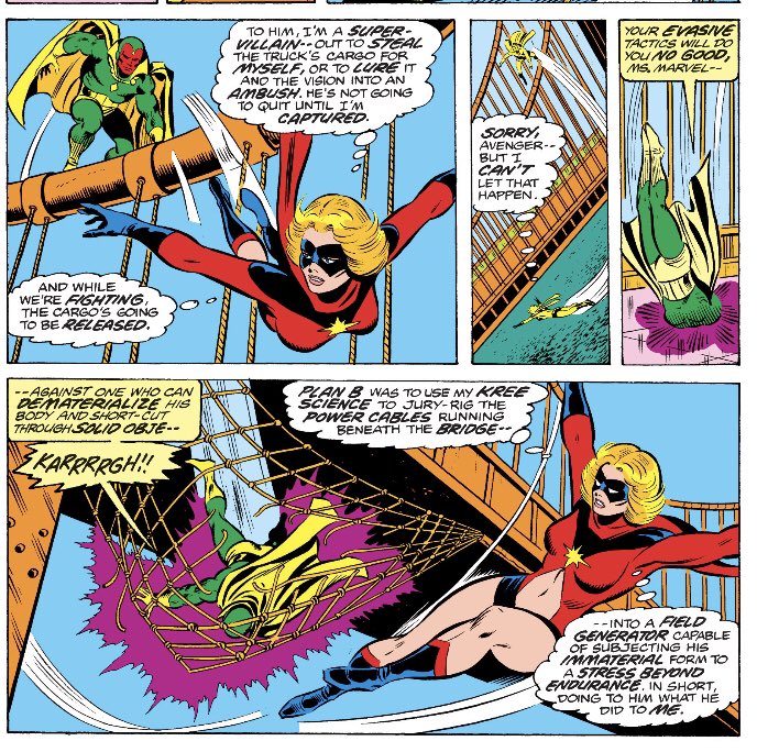 Panels from Ms Marvel issue 5: Ms Marvel lures another hero, the Vision, into a trap as they fly around a suspension bridge