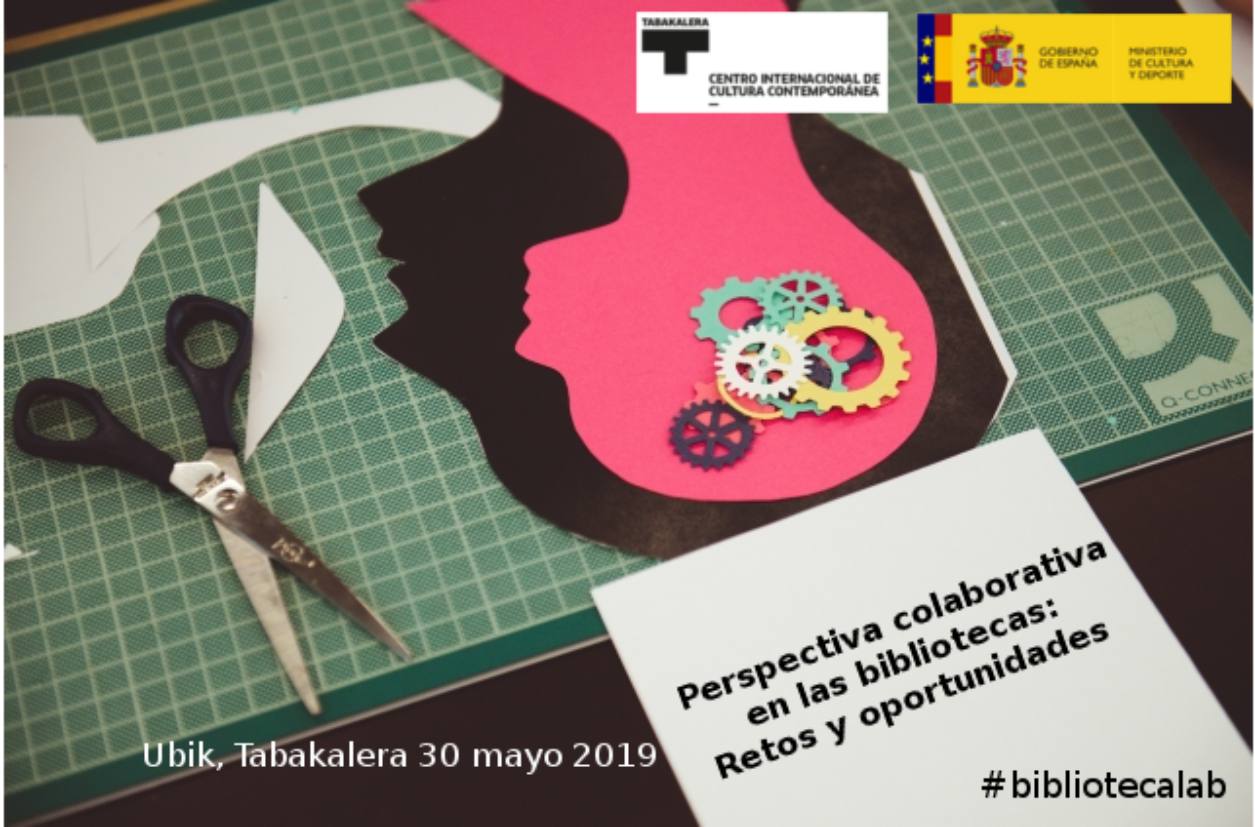 Poster for the "perspectiva colaborativa" event in Spain, showing scissors and a silhouette of a human head full of gears on a cutting board