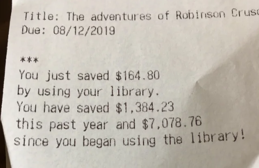 Receipt showing that the user has saved hundreds of dollars by using their library, more than a thousand dollars over the past year, and more than seven thousand since they began using the library.